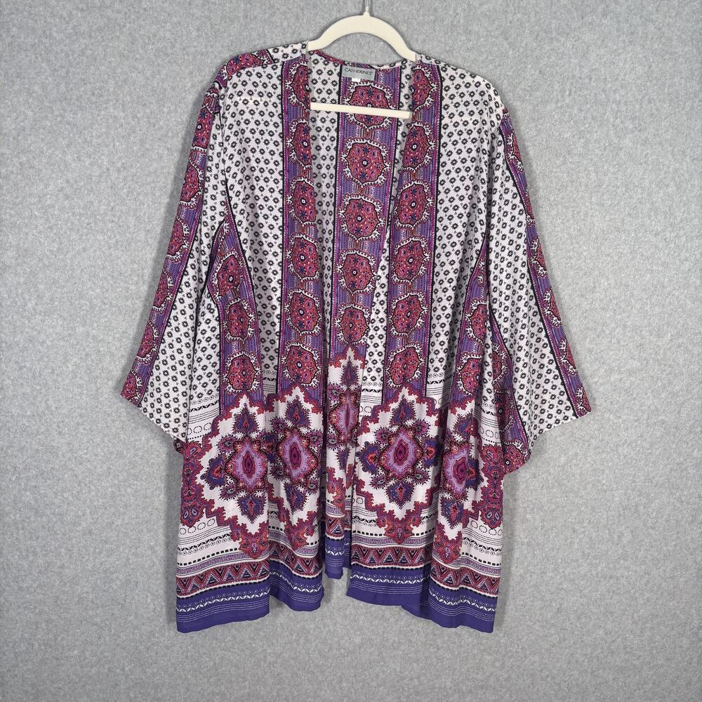 Catherines Kimono Cardigan 3X Pink Purple Paisley Boho Cover Up Medallion Duster
